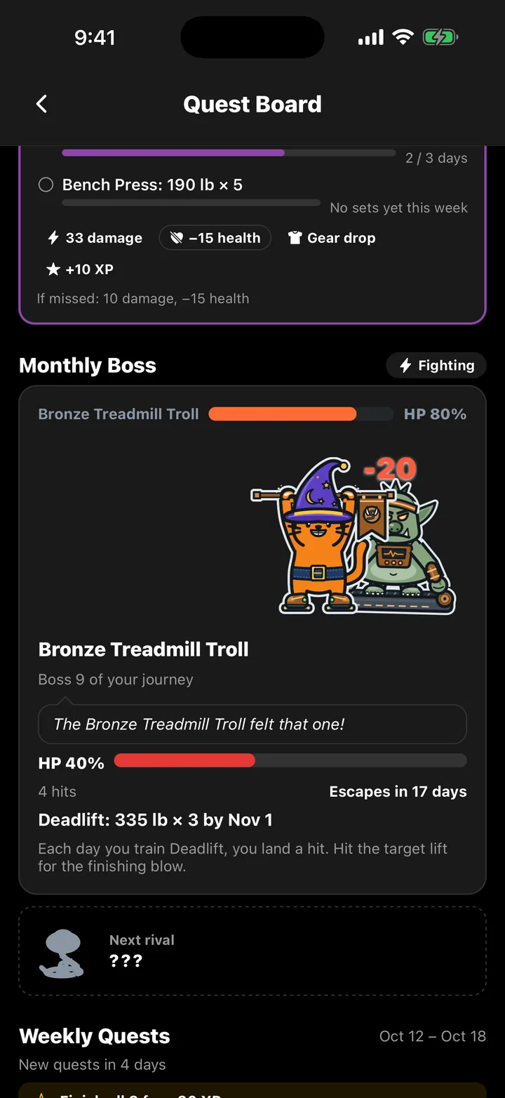 The monthly boss card in the app: the cat hitting the Bronze Treadmill Troll for 20 damage, with the boss at 40 percent health and 17 days left.