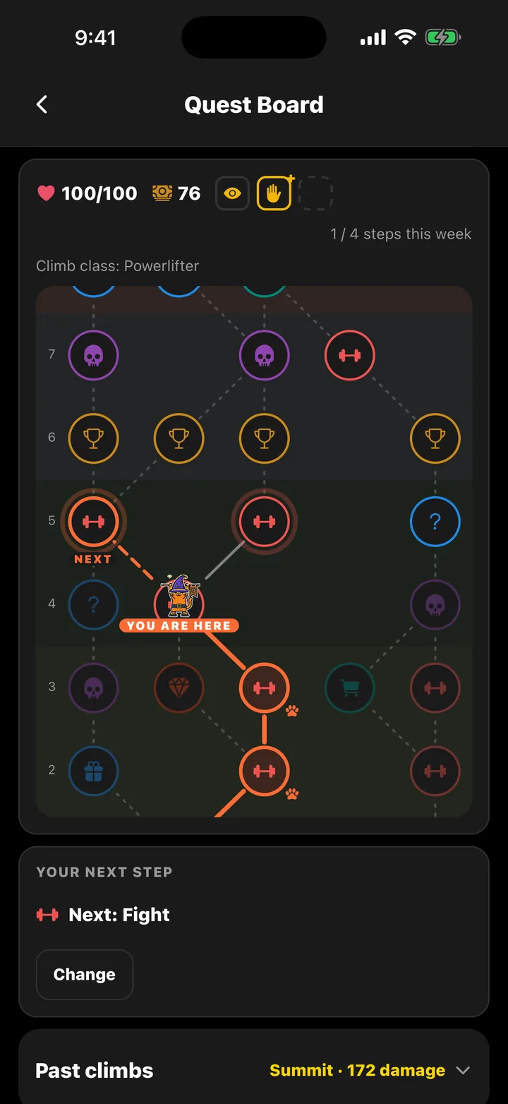 The Climb map in the app: a grid of connected nodes with the cat partway up, a health and coin counter, and the next step marked as a Fight.