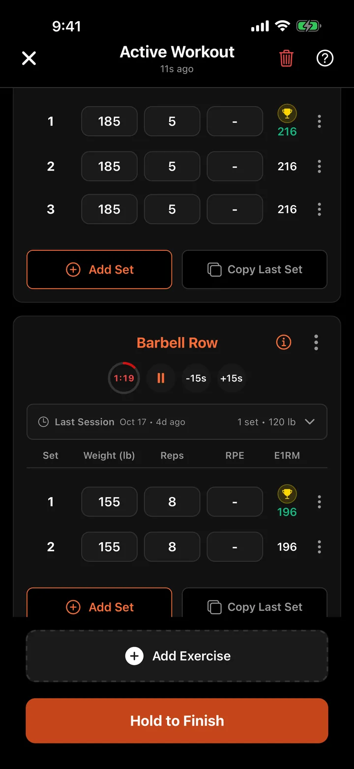 CataLift's Active Workout screen with sets for Barbell Row and a rest timer.