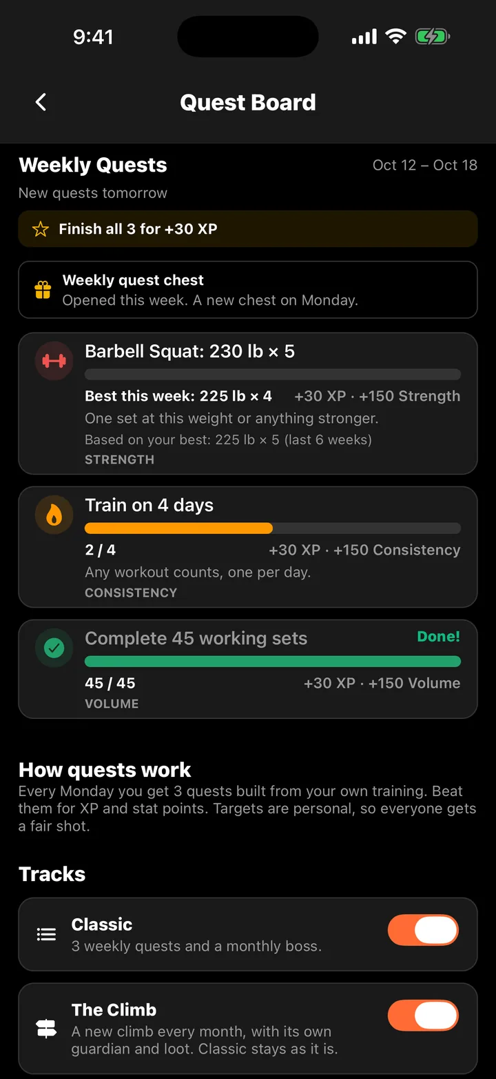 The Quest Board in the app: three weekly quests built from your own lifts, with progress bars and rewards.