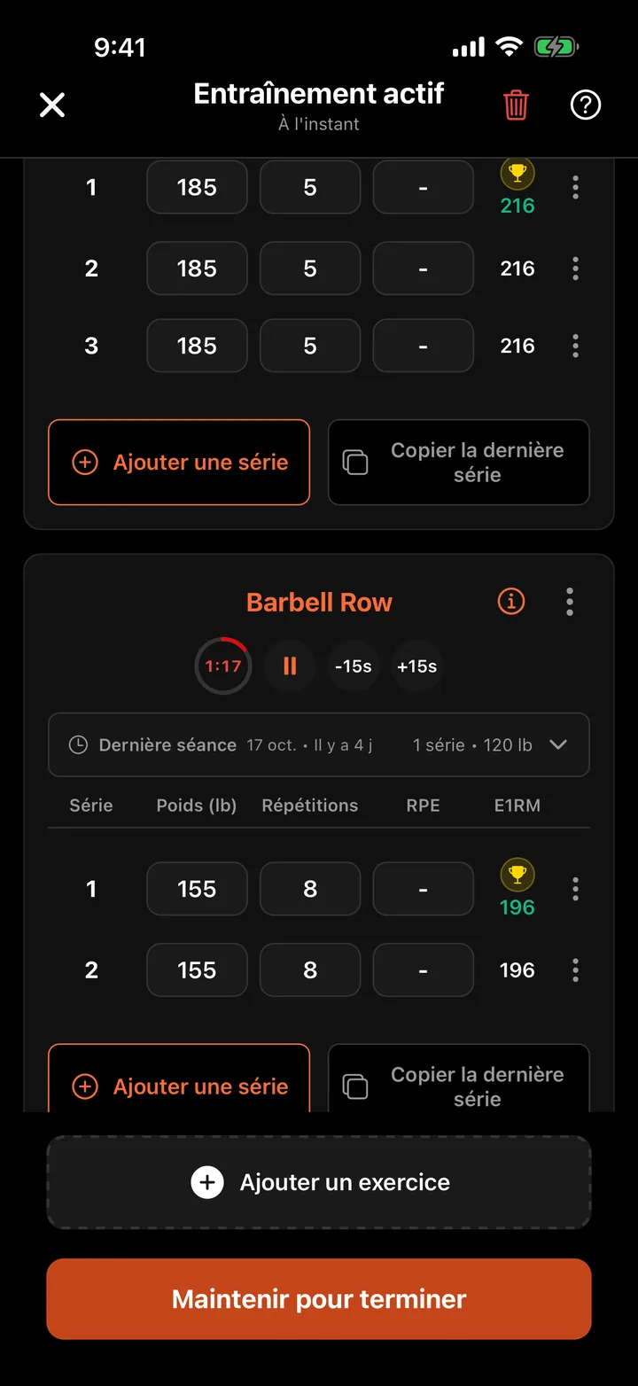 L'écran Entraînement actif de CataLift avec des séries de Barbell Row et un minuteur de repos.