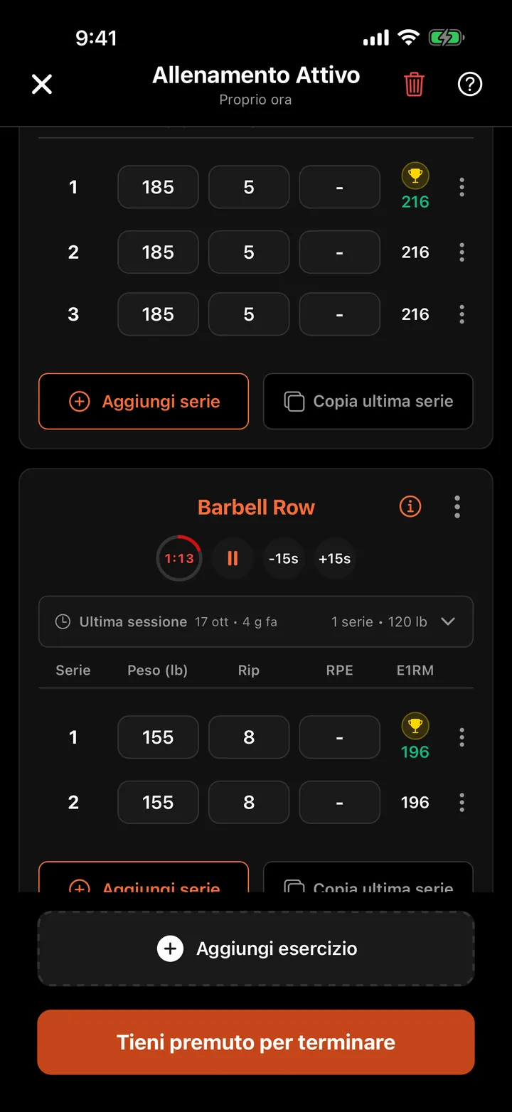 La schermata Allenamento Attivo di CataLift con le serie di Barbell Row e un timer di recupero.